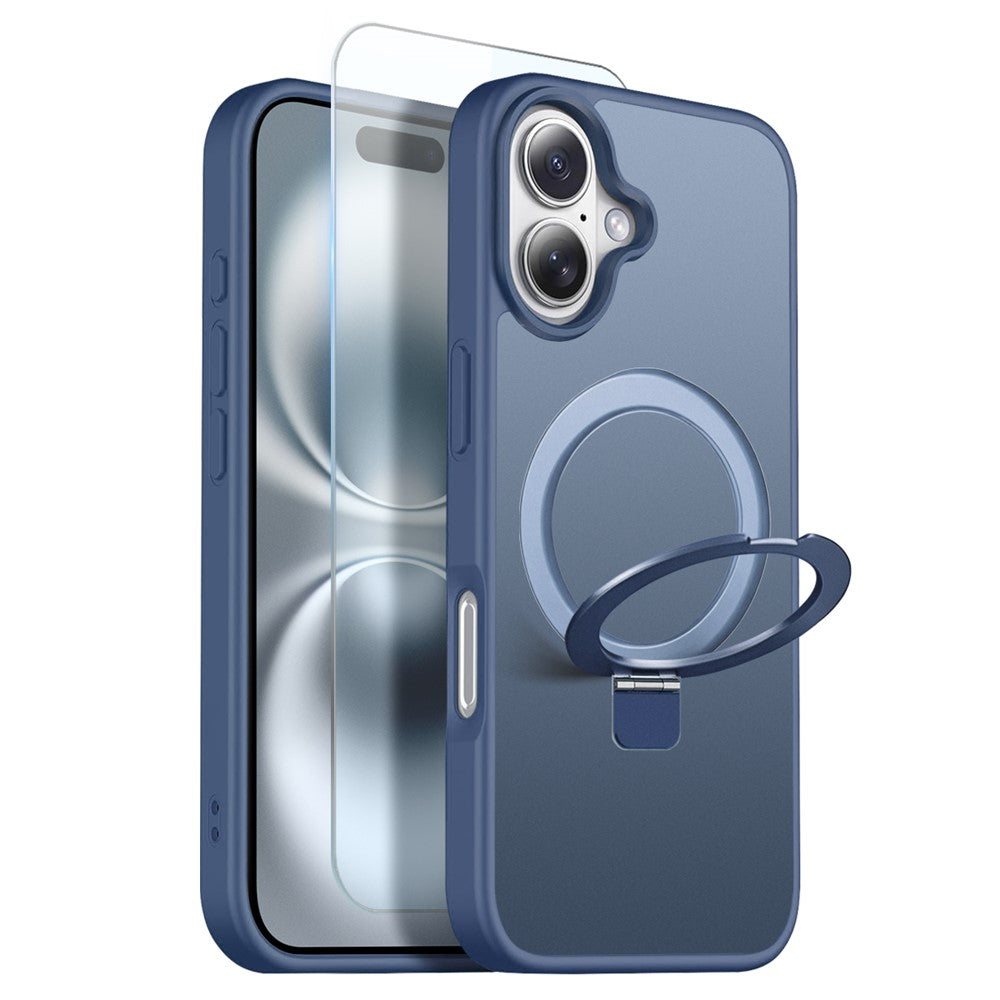 NORTHJO For iPhone 16 Case with Invisible Magnetic O-Ring Stand Compatible with MagSafe Translucent Matte Shockproof Phone Cover with Tempered Glass Film