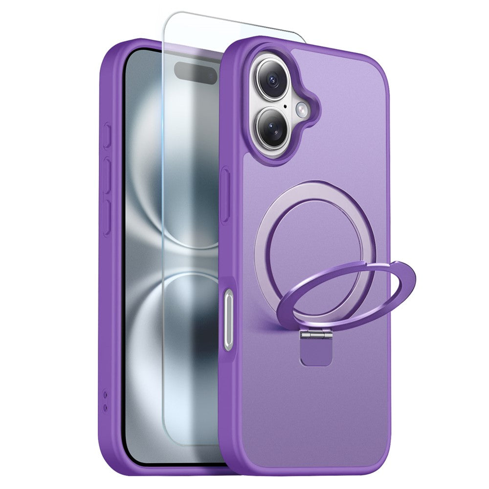 NORTHJO For iPhone 16 Case with Invisible Magnetic O-Ring Stand Compatible with MagSafe Translucent Matte Shockproof Phone Cover with Tempered Glass Film