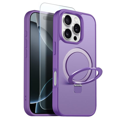 NORTHJO For iPhone 16 Pro Case with Invisible Magnetic O-Ring Stand Compatible with MagSafe Translucent Matte Shockproof Phone Cover with Tempered Glass Film