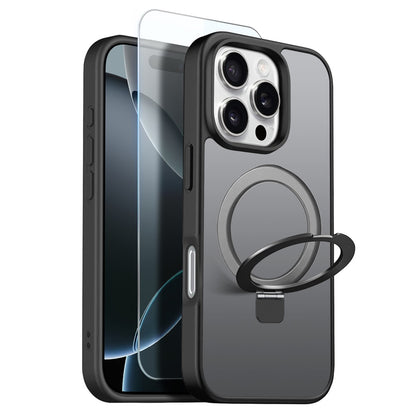 NORTHJO For iPhone 16 Pro Max Case with Invisible Magnetic O-Ring Stand Compatible with MagSafe Translucent Matte Shockproof Phone Cover with Tempered Glass Film