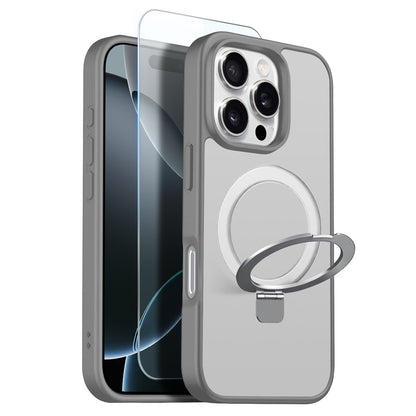 NORTHJO For iPhone 16 Pro Max Case with Invisible Magnetic O-Ring Stand Compatible with MagSafe Translucent Matte Shockproof Phone Cover with Tempered Glass Film