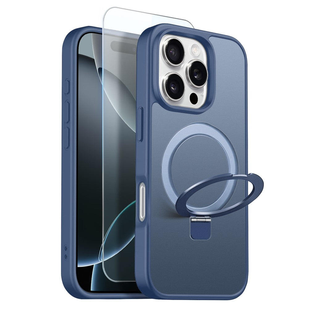 NORTHJO For iPhone 16 Pro Max Case with Invisible Magnetic O-Ring Stand Compatible with MagSafe Translucent Matte Shockproof Phone Cover with Tempered Glass Film