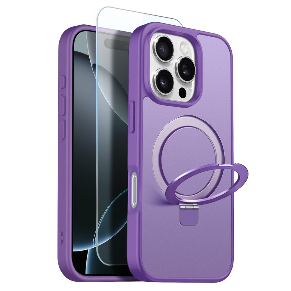 NORTHJO For iPhone 16 Pro Max Case with Invisible Magnetic O-Ring Stand Compatible with MagSafe Translucent Matte Shockproof Phone Cover with Tempered Glass Film
