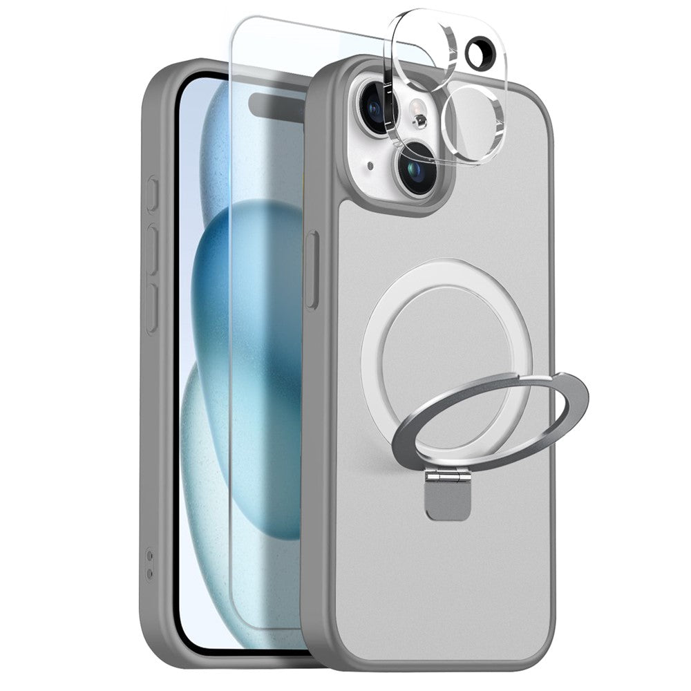NORTHJO For iPhone 15 Case with Magnetic O-Ring Stand Compatible with MagSafe Translucent Matte Shockproof Phone Cover with Tempered Glass Film + Lens Film