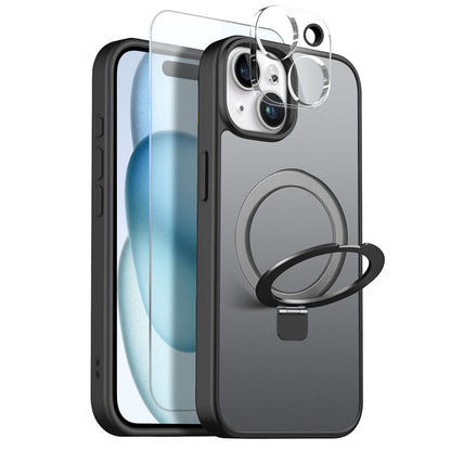 NORTHJO For iPhone 15 Plus Case with Magnetic O-Ring Stand Compatible with MagSafe Translucent Matte Shockproof Phone Cover with Tempered Glass Film + Lens Film