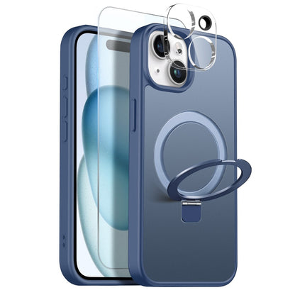 NORTHJO For iPhone 15 Plus Case with Magnetic O-Ring Stand Compatible with MagSafe Translucent Matte Shockproof Phone Cover with Tempered Glass Film + Lens Film