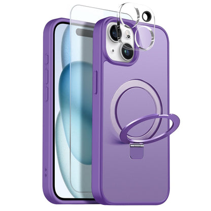 NORTHJO For iPhone 15 Plus Case with Magnetic O-Ring Stand Compatible with MagSafe Translucent Matte Shockproof Phone Cover with Tempered Glass Film + Lens Film