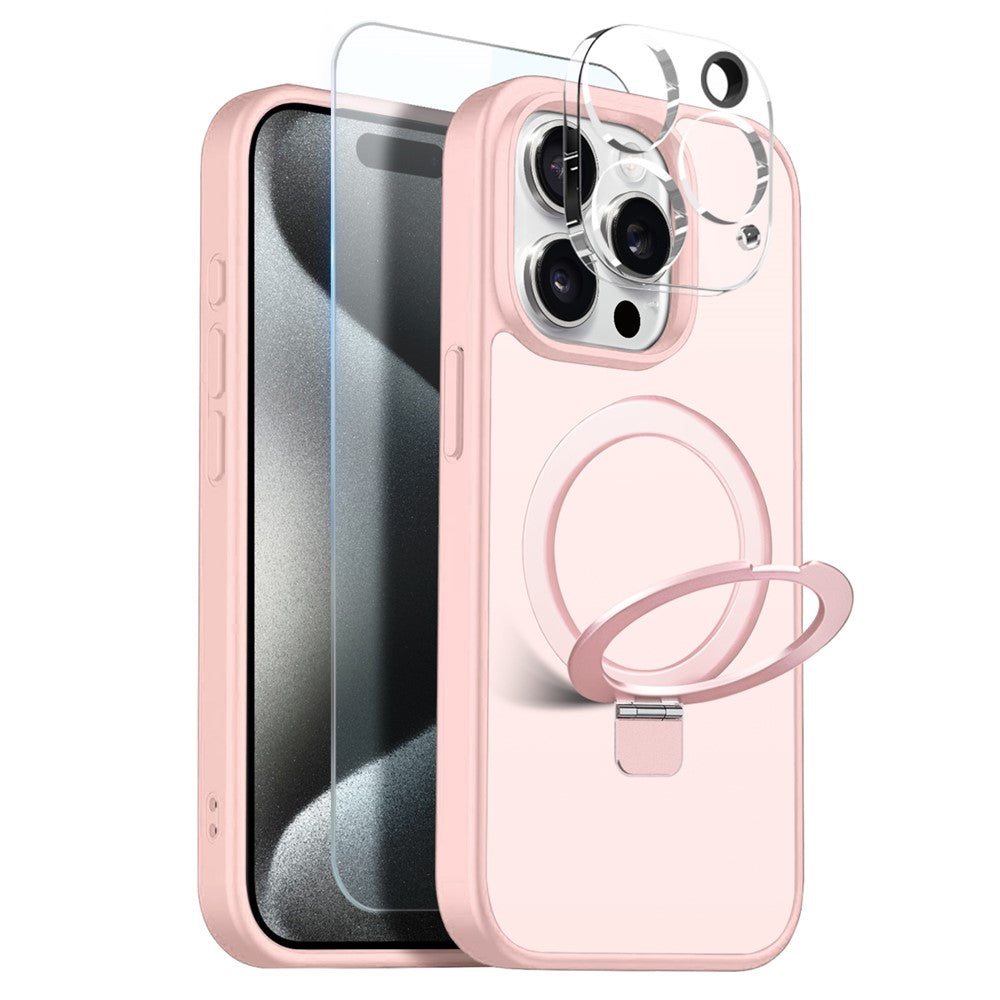 NORTHJO For iPhone 15 Pro Case with Magnetic O-Ring Stand Compatible with MagSafe Translucent Matte Shockproof Phone Cover with Tempered Glass Film + Lens Film