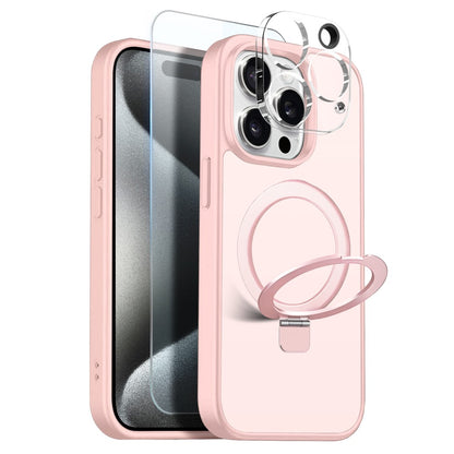NORTHJO For iPhone 15 Pro Case with Magnetic O-Ring Stand Compatible with MagSafe Translucent Matte Shockproof Phone Cover with Tempered Glass Film + Lens Film