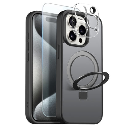NORTHJO For iPhone 15 Pro Max Case with Magnetic O-Ring Stand Compatible with MagSafe Translucent Matte Shockproof Phone Cover with Tempered Glass Film + Lens Film