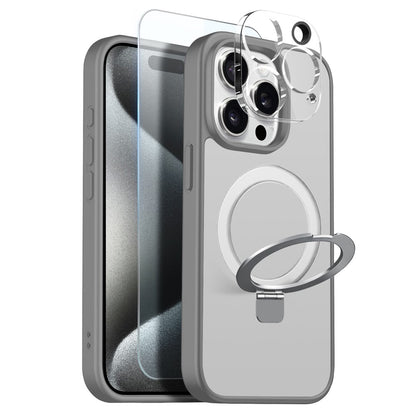 NORTHJO For iPhone 15 Pro Max Case with Magnetic O-Ring Stand Compatible with MagSafe Translucent Matte Shockproof Phone Cover with Tempered Glass Film + Lens Film