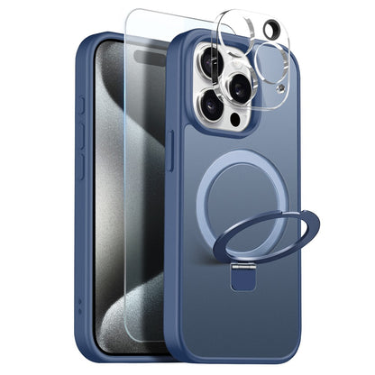 NORTHJO For iPhone 15 Pro Max Case with Magnetic O-Ring Stand Compatible with MagSafe Translucent Matte Shockproof Phone Cover with Tempered Glass Film + Lens Film