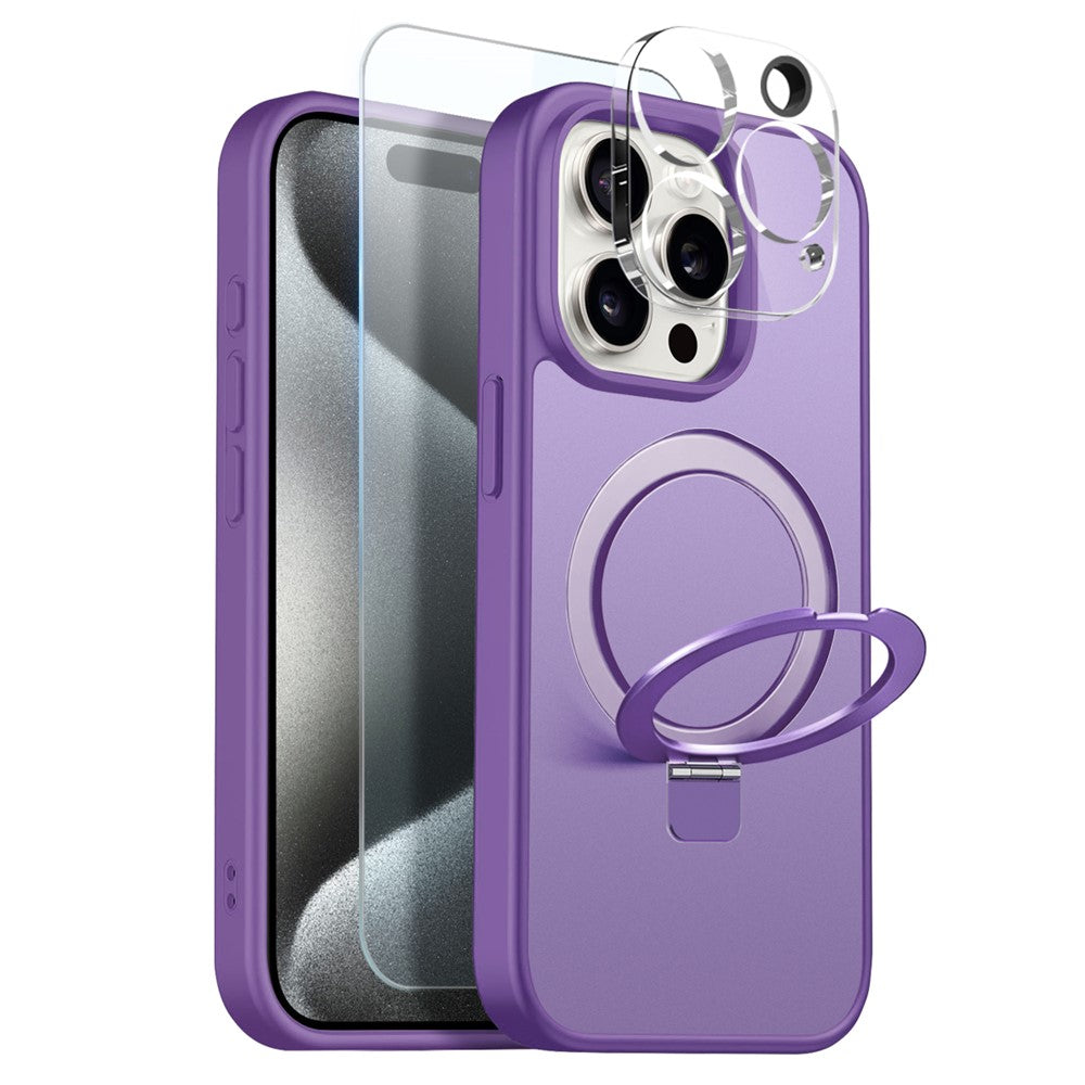 NORTHJO For iPhone 15 Pro Max Case with Magnetic O-Ring Stand Compatible with MagSafe Translucent Matte Shockproof Phone Cover with Tempered Glass Film + Lens Film