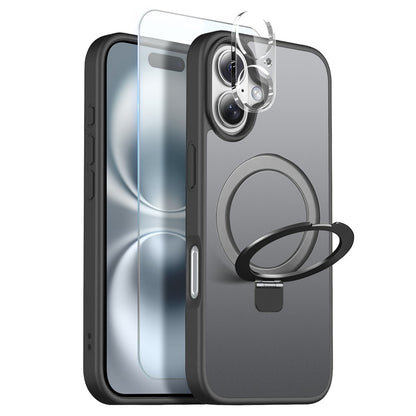 NORTHJO For iPhone 16 Case with Magnetic O-Ring Stand Compatible with MagSafe Translucent Matte Shockproof Phone Cover with Tempered Glass Film + Lens Film