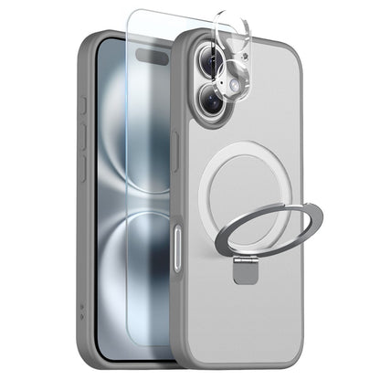 NORTHJO For iPhone 16 Case with Magnetic O-Ring Stand Compatible with MagSafe Translucent Matte Shockproof Phone Cover with Tempered Glass Film + Lens Film