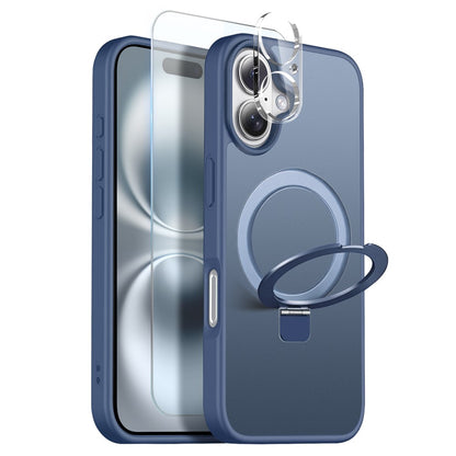 NORTHJO For iPhone 16 Case with Magnetic O-Ring Stand Compatible with MagSafe Translucent Matte Shockproof Phone Cover with Tempered Glass Film + Lens Film