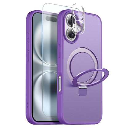 NORTHJO For iPhone 16 Case with Magnetic O-Ring Stand Compatible with MagSafe Translucent Matte Shockproof Phone Cover with Tempered Glass Film + Lens Film