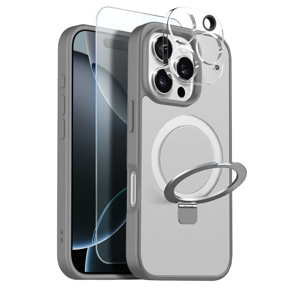 NORTHJO For iPhone 16 Pro Case with Magnetic O-Ring Stand Compatible with MagSafe Translucent Matte Shockproof Phone Cover with Tempered Glass Film + Lens Film