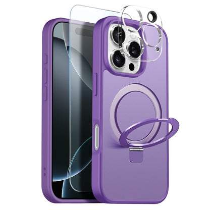 NORTHJO For iPhone 16 Pro Case with Magnetic O-Ring Stand Compatible with MagSafe Translucent Matte Shockproof Phone Cover with Tempered Glass Film + Lens Film