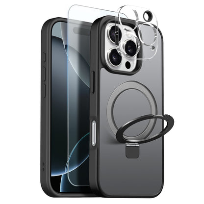 NORTHJO For iPhone 16 Pro Max Case with Magnetic O-Ring Stand Compatible with MagSafe Translucent Matte Shockproof Phone Cover with Tempered Glass Film + Lens Film