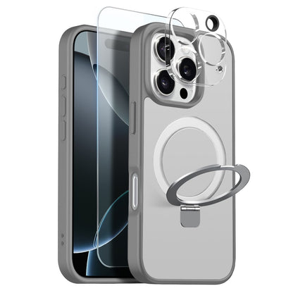 NORTHJO For iPhone 16 Pro Max Case with Magnetic O-Ring Stand Compatible with MagSafe Translucent Matte Shockproof Phone Cover with Tempered Glass Film + Lens Film