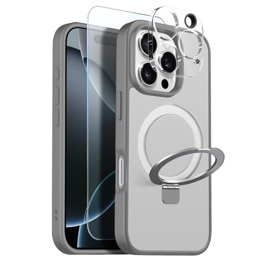 NORTHJO For iPhone 16 Pro Max Case with Magnetic O-Ring Stand Compatible with MagSafe Translucent Matte Shockproof Phone Cover with Tempered Glass Film + Lens Film