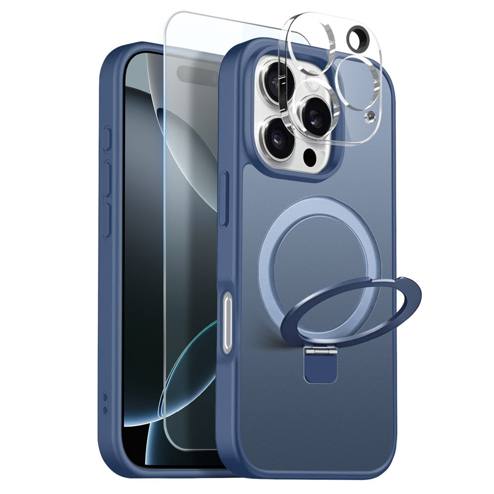 NORTHJO For iPhone 16 Pro Max Case with Magnetic O-Ring Stand Compatible with MagSafe Translucent Matte Shockproof Phone Cover with Tempered Glass Film + Lens Film