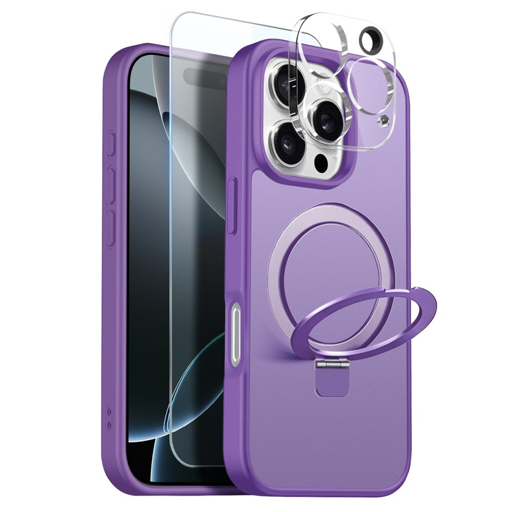 NORTHJO For iPhone 16 Pro Max Case with Magnetic O-Ring Stand Compatible with MagSafe Translucent Matte Shockproof Phone Cover with Tempered Glass Film + Lens Film