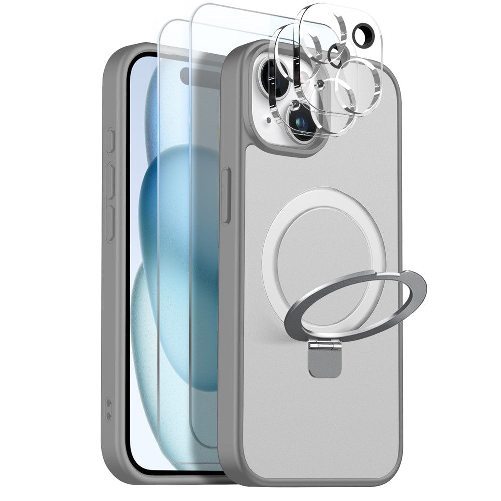 NORTHJO For iPhone 15 Plus Case with Magnetic Stand Compatible with MagSafe Translucent Matte Shockproof Phone Cover with 2Pcs Tempered Glass Protector + 2Pcs Lens Film