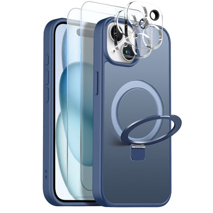 NORTHJO For iPhone 15 Plus Case with Magnetic Stand Compatible with MagSafe Translucent Matte Shockproof Phone Cover with 2Pcs Tempered Glass Protector + 2Pcs Lens Film