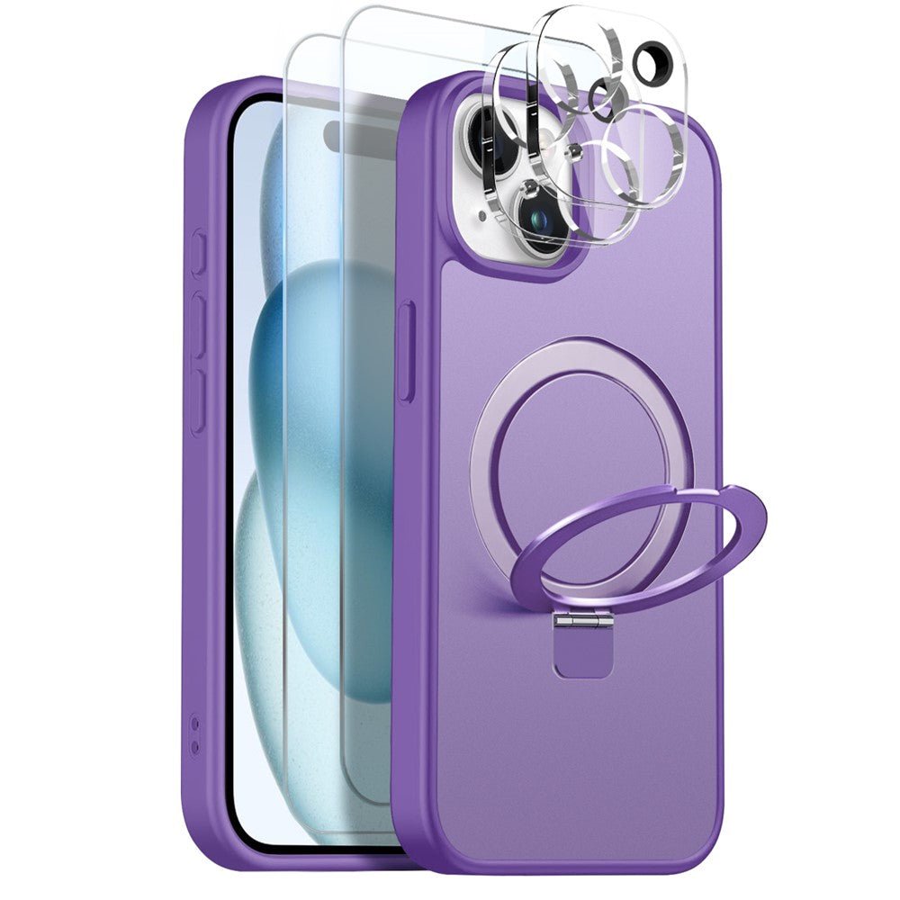 NORTHJO For iPhone 15 Plus Case with Magnetic Stand Compatible with MagSafe Translucent Matte Shockproof Phone Cover with 2Pcs Tempered Glass Protector + 2Pcs Lens Film