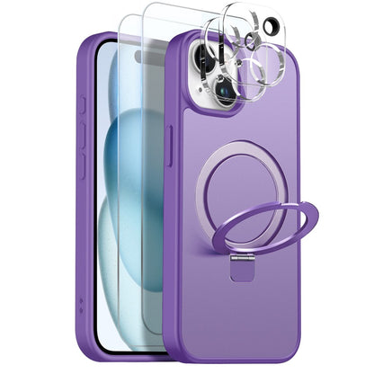 NORTHJO For iPhone 15 Plus Case with Magnetic Stand Compatible with MagSafe Translucent Matte Shockproof Phone Cover with 2Pcs Tempered Glass Protector + 2Pcs Lens Film