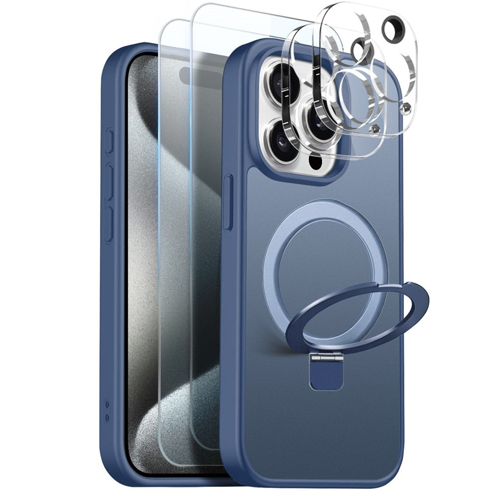 NORTHJO For iPhone 15 Pro Case with Magnetic Stand Compatible with MagSafe Translucent Matte Shockproof Phone Cover with 2Pcs Tempered Glass Protector + 2Pcs Lens Film