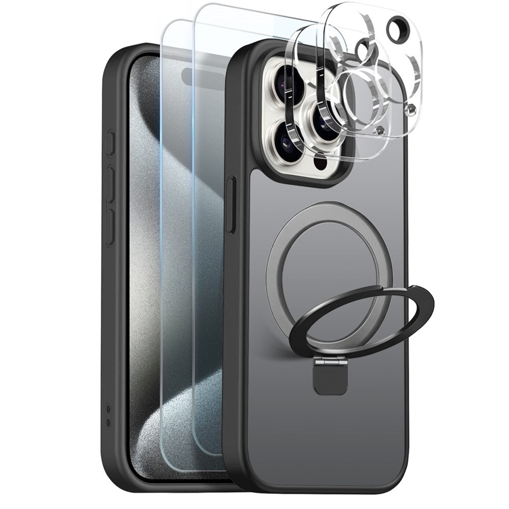 NORTHJO For iPhone 15 Pro Max Case with Magnetic Stand Compatible with MagSafe Translucent Matte Shockproof Phone Cover with 2Pcs Tempered Glass Protector + 2Pcs Lens Film