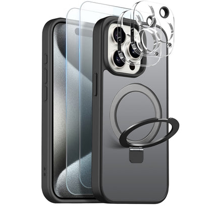 NORTHJO For iPhone 15 Pro Max Case with Magnetic Stand Compatible with MagSafe Translucent Matte Shockproof Phone Cover with 2Pcs Tempered Glass Protector + 2Pcs Lens Film