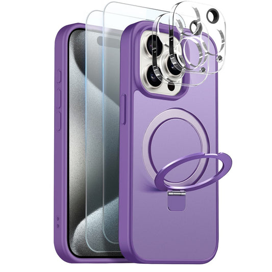NORTHJO For iPhone 15 Pro Max Case with Magnetic Stand Compatible with MagSafe Translucent Matte Shockproof Phone Cover with 2Pcs Tempered Glass Protector + 2Pcs Lens Film