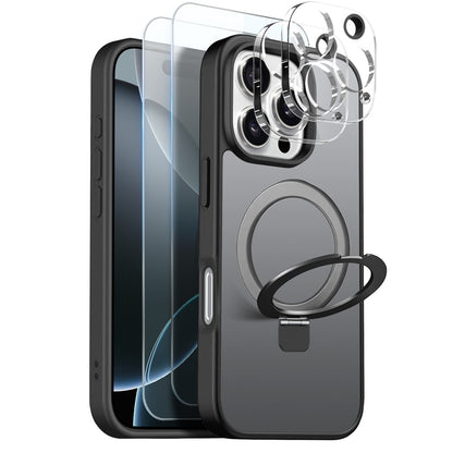 NORTHJO For iPhone 16 Pro Case with Magnetic Stand Compatible with MagSafe Translucent Matte Shockproof Phone Cover with 2Pcs Tempered Glass Protector + 2Pcs Lens Film