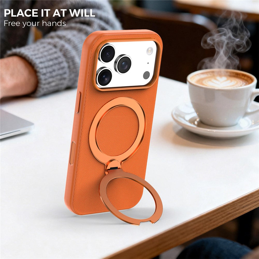 For iPhone 17 Pro Case Magnetic Rotating Kickstand Tech Fabric TPU Protective Cover