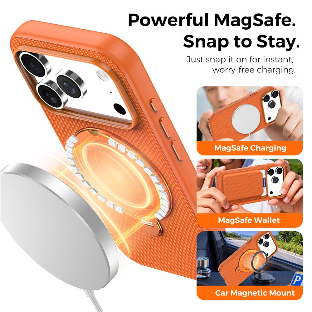 For iPhone 17 Pro Case Magnetic Rotating Kickstand Tech Fabric TPU Protective Cover