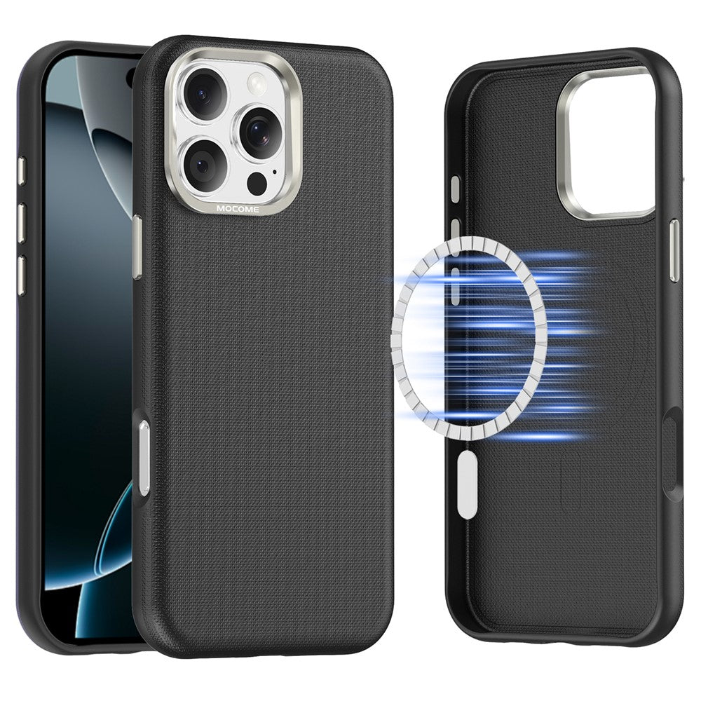 For iPhone 16 Pro Max Magnetic Case Fine Grid Texture Leather Coated TPU PC Phone Cover with Metal Lens Frame