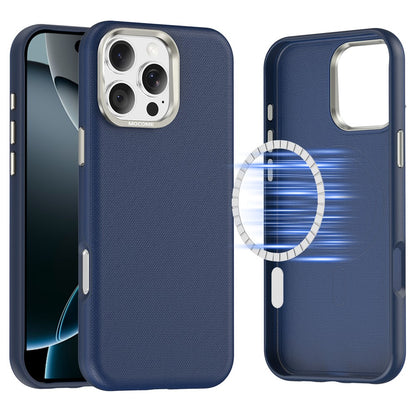 For iPhone 16 Pro Max Magnetic Case Fine Grid Texture Leather Coated TPU PC Phone Cover with Metal Lens Frame