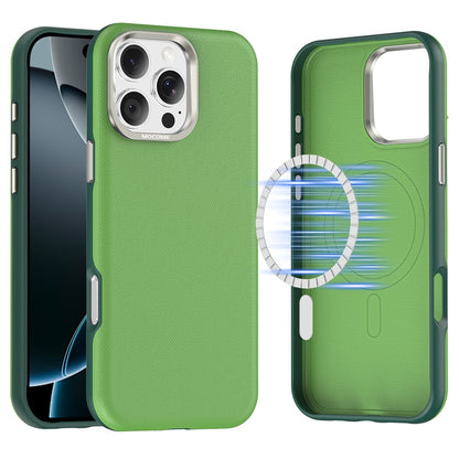 For iPhone 16 Pro Max Magnetic Case Fine Grid Texture Leather Coated TPU PC Phone Cover with Metal Lens Frame
