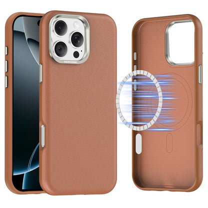 For iPhone 16 Pro Max Magnetic Case Fine Grid Texture Leather Coated TPU PC Phone Cover with Metal Lens Frame