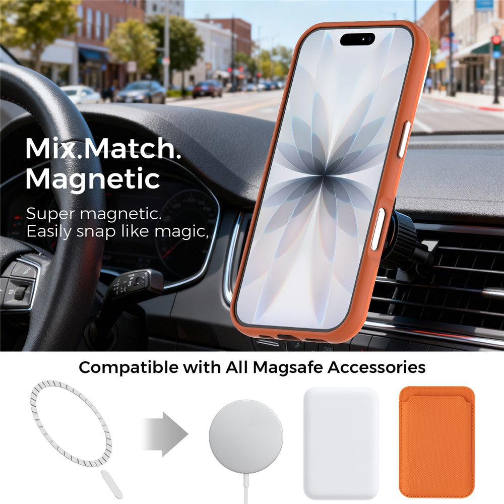 For iPhone 17 Magnetic Case Fine Grid Texture Leather Coated TPU PC Phone Cover with Metal Lens Frame