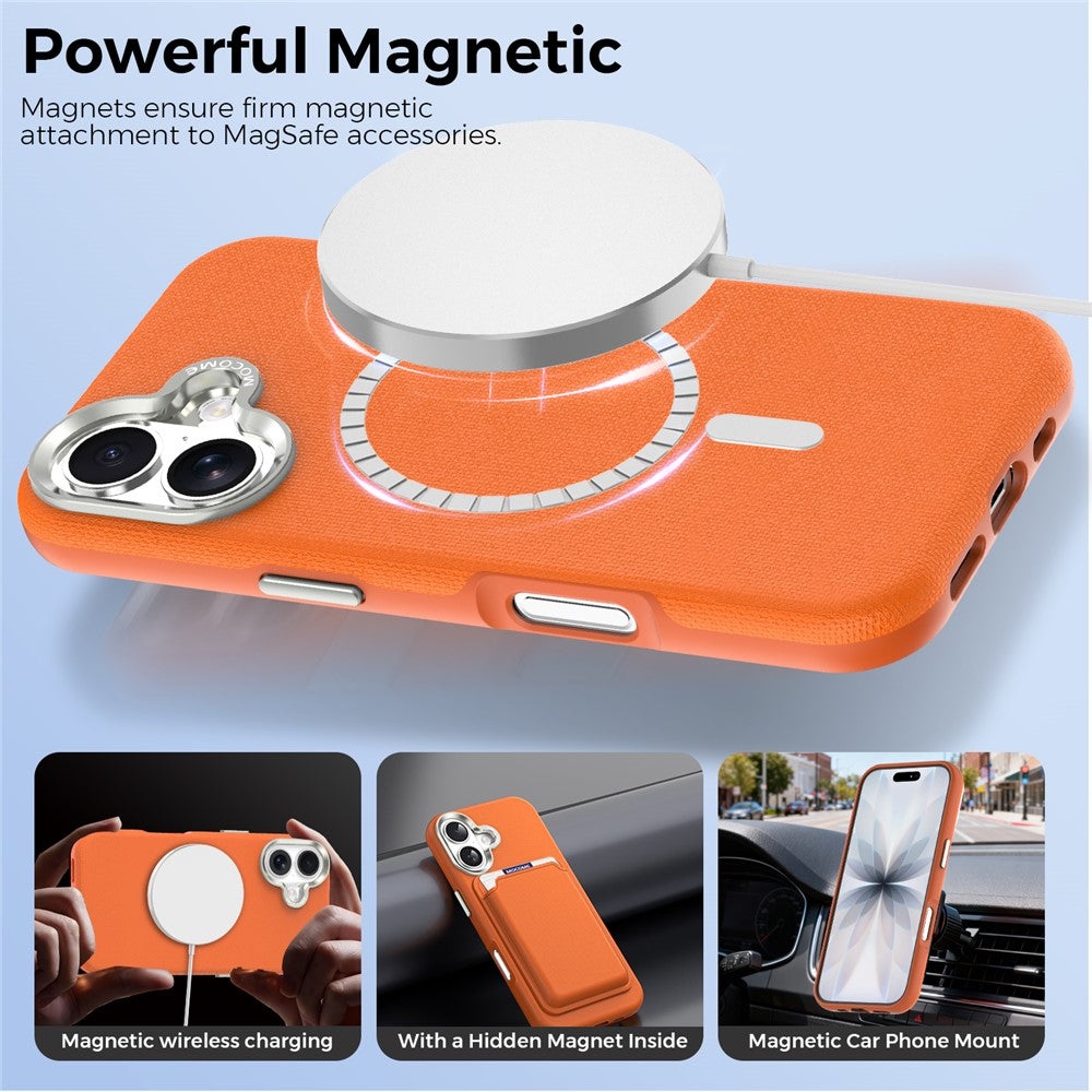 For iPhone 17 Magnetic Case Fine Grid Texture Leather Coated TPU PC Phone Cover with Metal Lens Frame