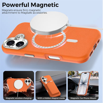 For iPhone 17 Magnetic Case Fine Grid Texture Leather Coated TPU PC Phone Cover with Metal Lens Frame