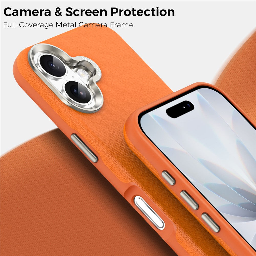 For iPhone 17 Magnetic Case Fine Grid Texture Leather Coated TPU PC Phone Cover with Metal Lens Frame
