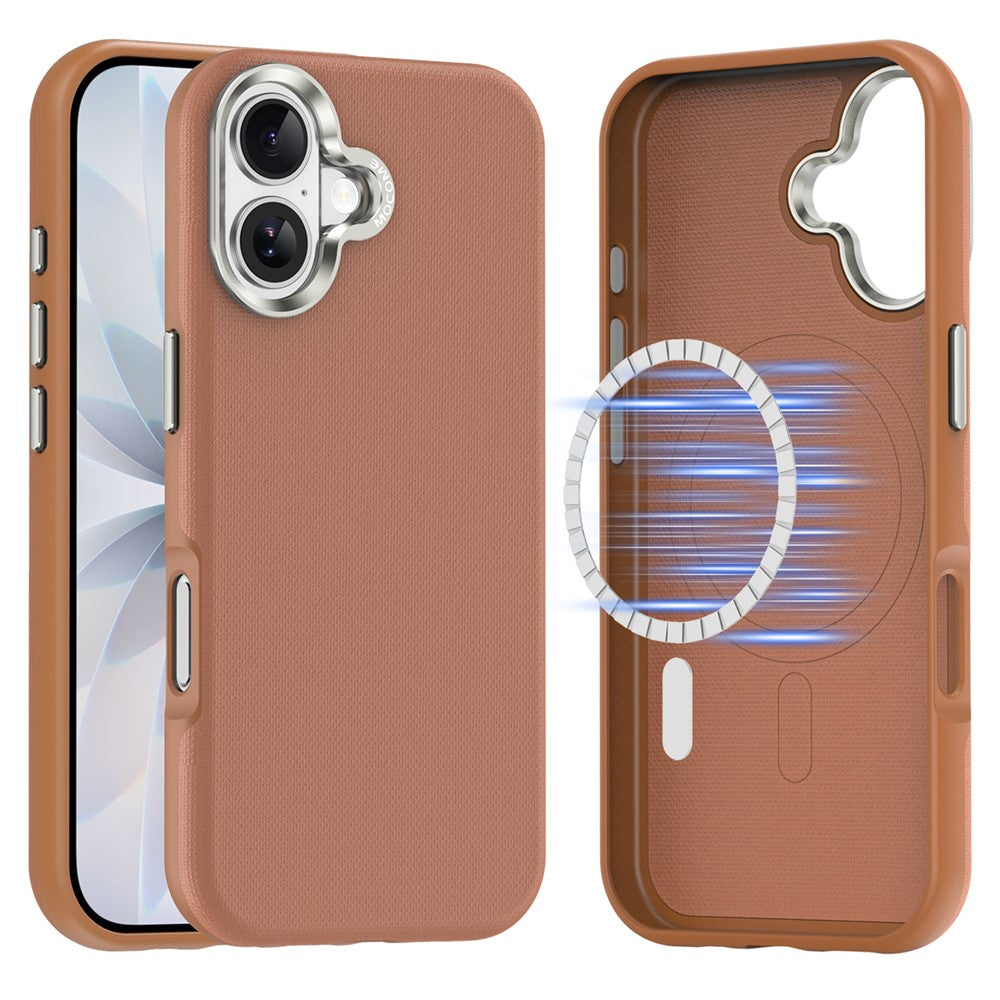 For iPhone 17 Magnetic Case Fine Grid Texture Leather Coated TPU PC Phone Cover with Metal Lens Frame