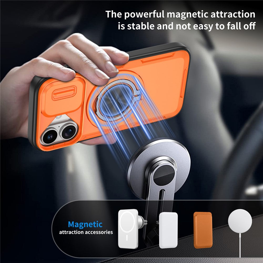 For iPhone 17 Magnetic Case Slide Camera Cover Rotary Kickstand PC + TPU Phone Shell