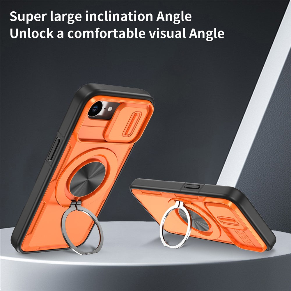For iPhone 17e  /  16e Magnetic Case Slide Camera Cover Rotary Kickstand PC + TPU Phone Shell